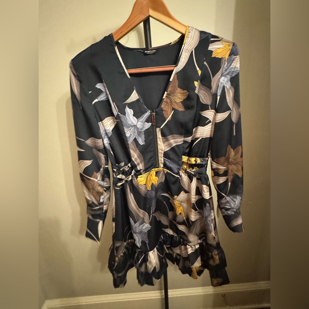 Marciano Navy Floral Mini Dress with Yellow & Light Blue Accents
